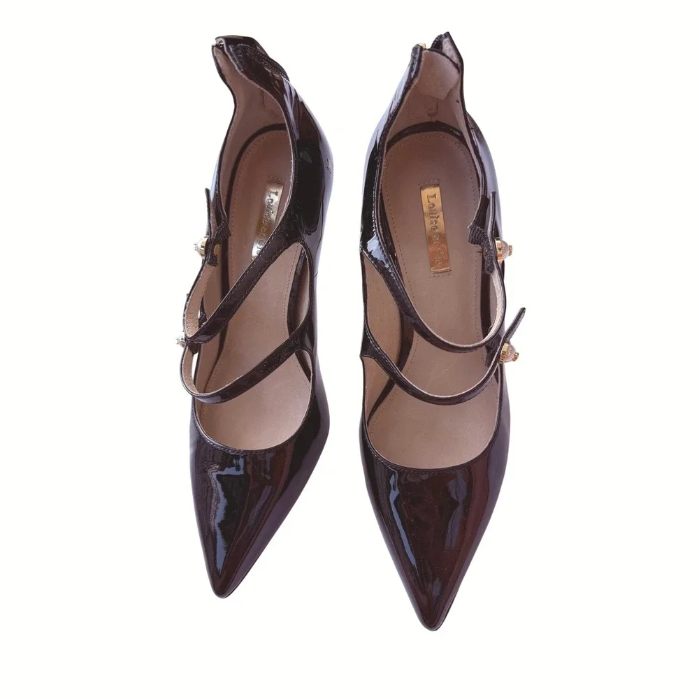 Louise et Cie Womens Patent Leather Multi Strap Pearl Mary Jane Pumps Black 9.5M